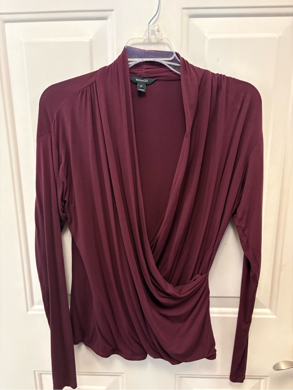 RW&CO. Burgundy Draped Wrap-Front Long-Sleeve Top